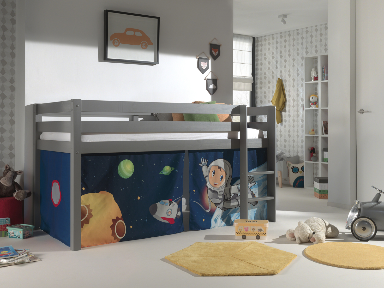 Hochbett PINO Spaceman - grau Kiefer Massivholz - Vorhang - 90x200 cm