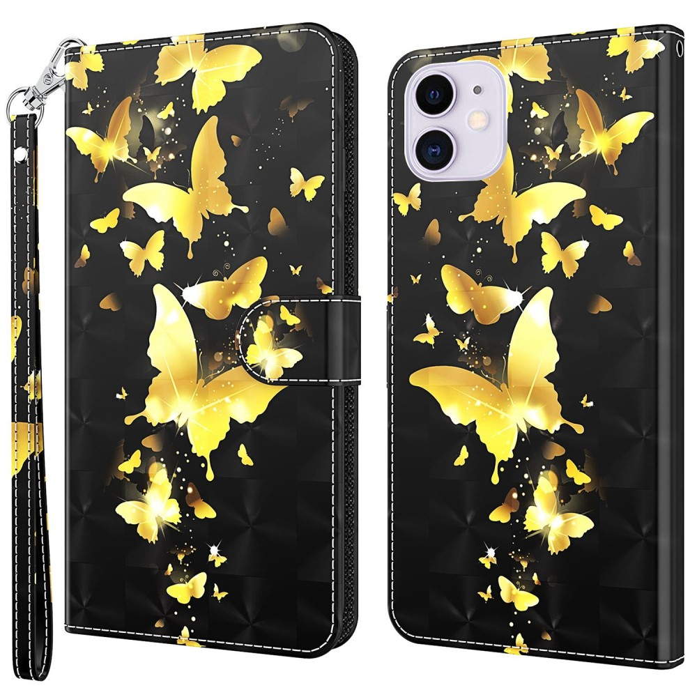 iPhone 14 Leder Tasche mit Kartenfach   Handschlaufe - Schmetterling (Schwarz / Gold)