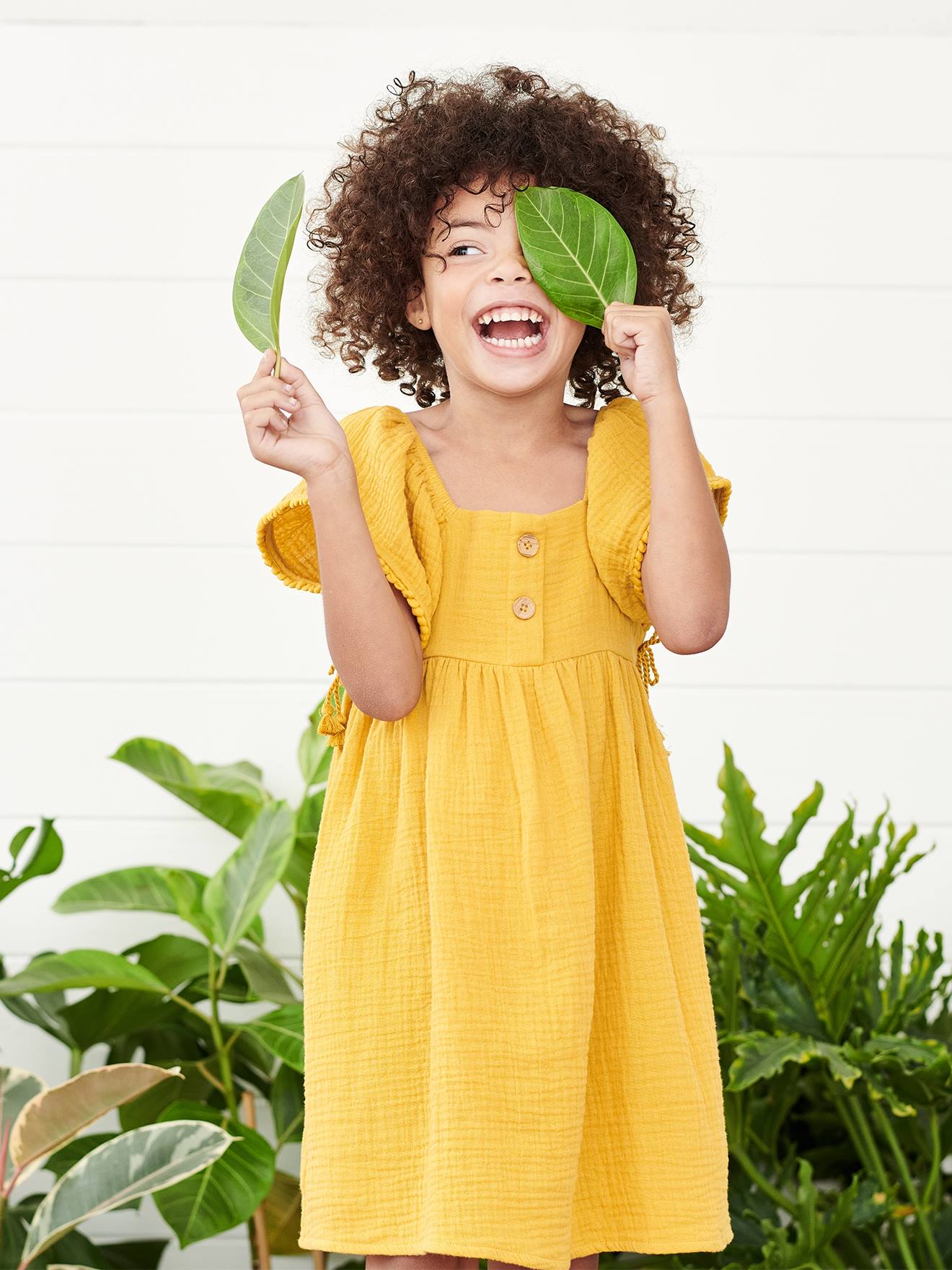Vestido de chiffon de algodão para meninas, amarelo liso tamanho médio