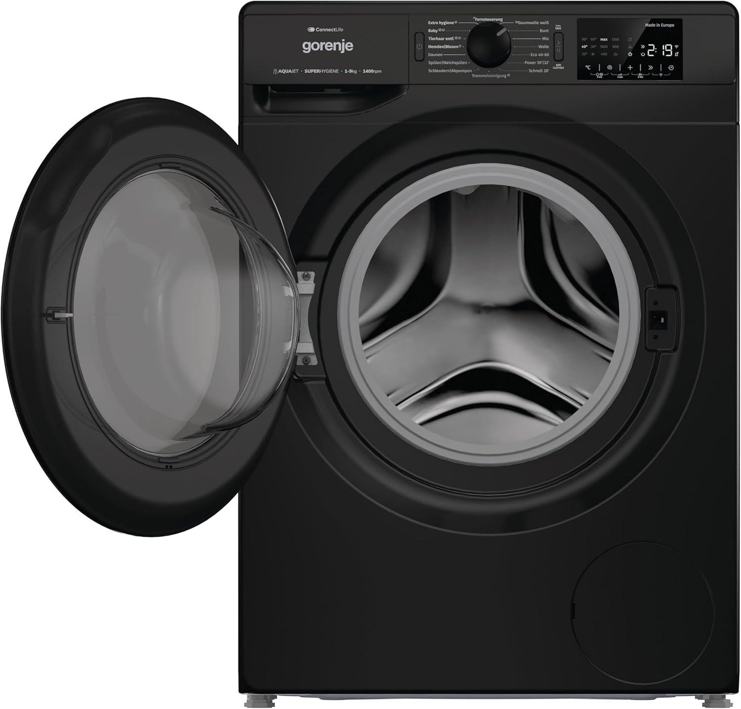 Gorenje WPNEI94A1DTSB Waschmaschine mit Dampffunktion/ConnectLife / 9Kg / 1400 U/min / 15 Programme/Totaler AquaStop/Wave Active Trommel/ExtraHygiene/PowerWash/Schnell Waschgang/EEK: A-10%
