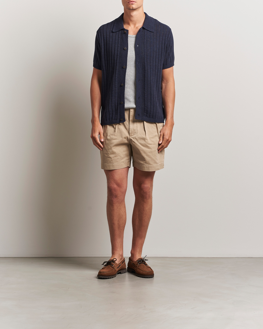 Les Deux Floyd Knitted Linen Short Sleeve Shirt Dark Navy