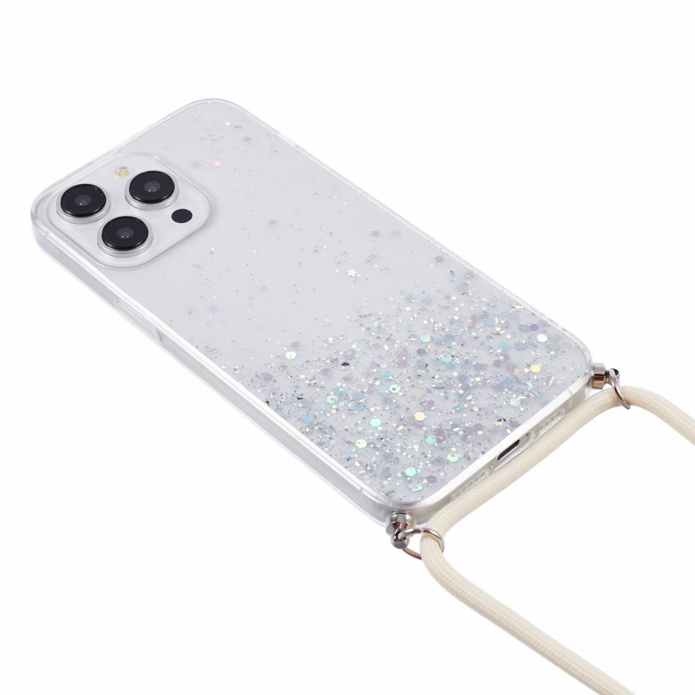 iPhone 15 Pro Necklace Gummi Hülle im Glitzer Design   Handykette (140cm) - Weiss / Transparent