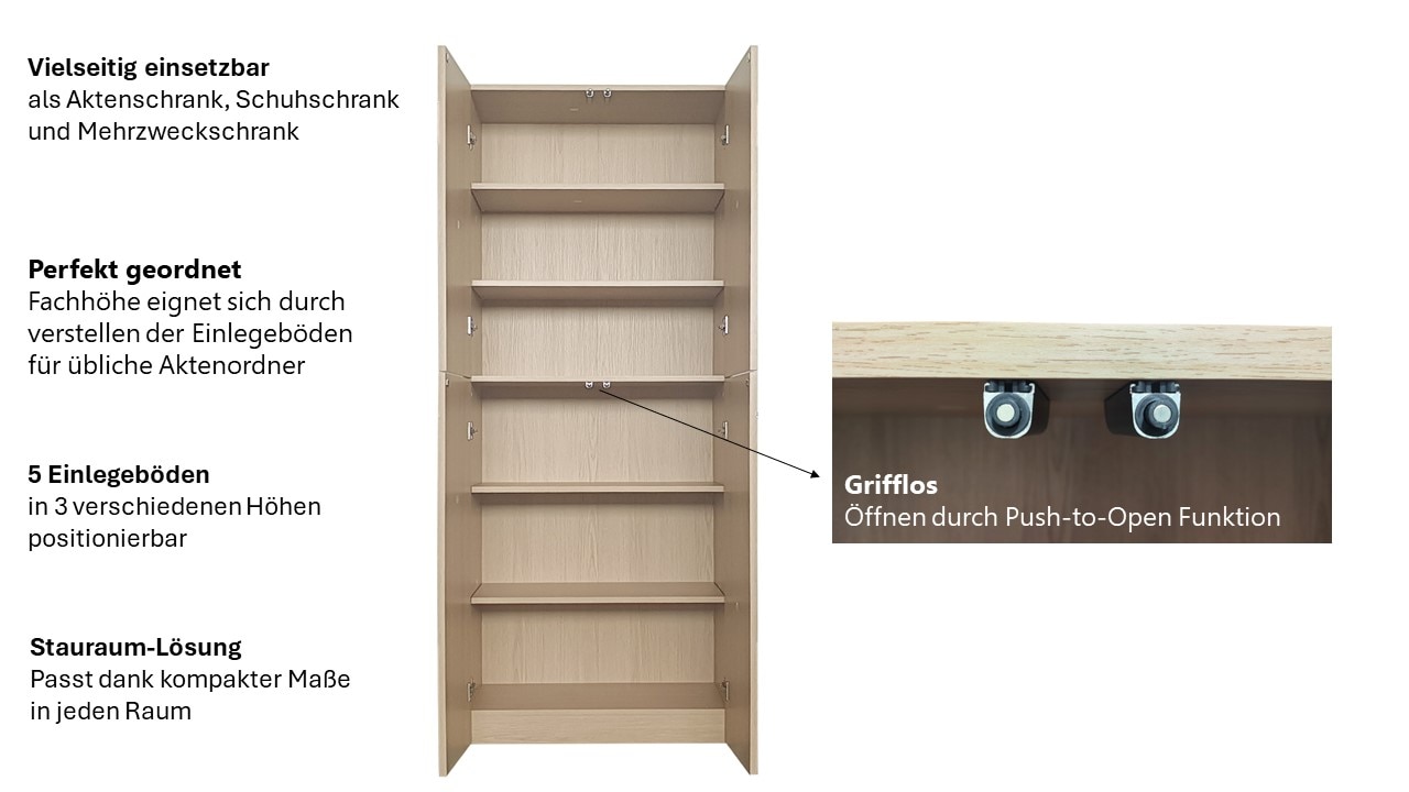 INOSIGN Aktenschrank »Jarvie« Mehrzweckschrank, Push-to-open, 5 verstellbare Einlegeböden, 60x180 cm