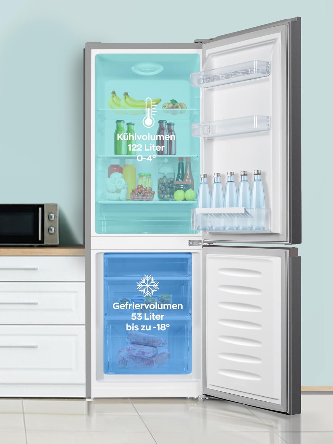 Heinrich´s Kühlgefrierkombination 175Liter, XXL, kühlschrank mit gefrierfach, Kühlvolumen 122L, Gefrierfach 53L, leise 39dB,große Tiefkühlboxen, 7 Temperaturstufen (Energieklasse E, Inox)