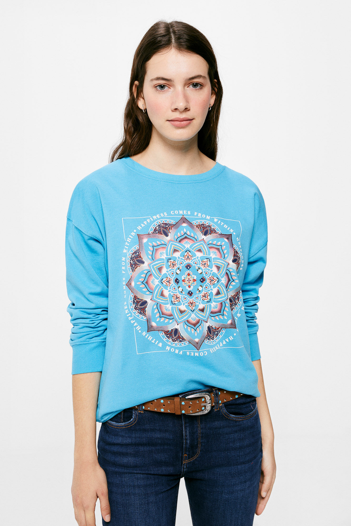 Moletom com estampa de mandala e flor - Azul