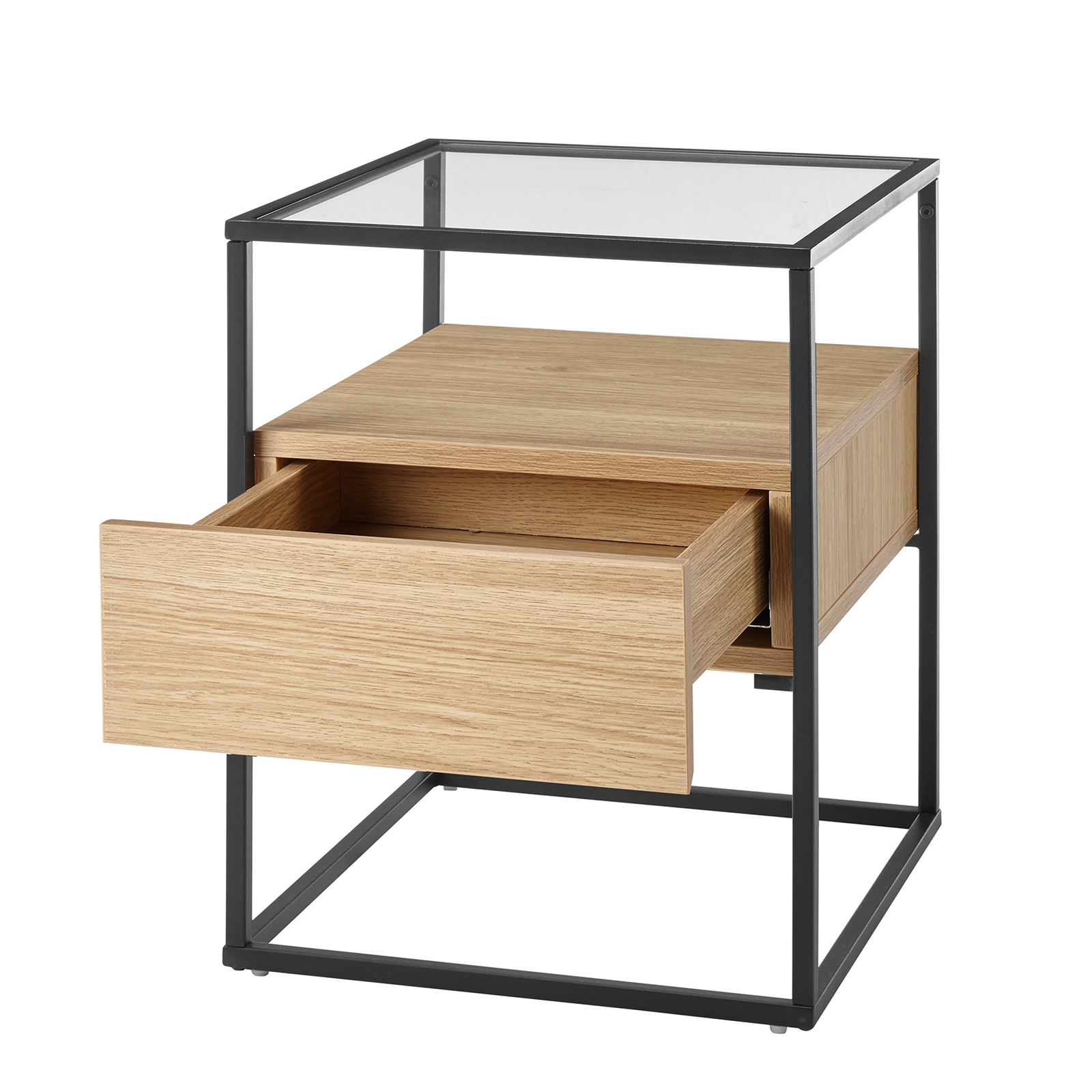 Beistelltisch - Eiche-schwarz - Glasplatte - mit Schubkasten