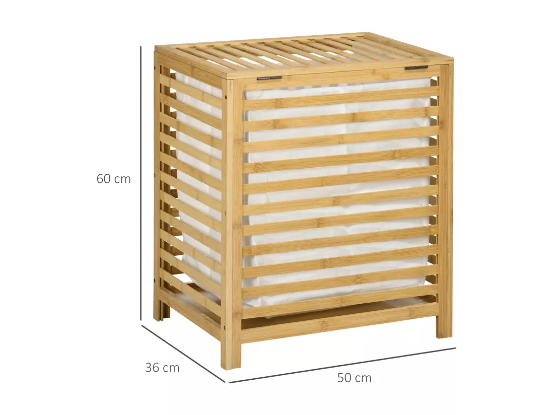Panier à linge - sac en tissu amovible, couvercle - dim. 50L x 36l x 60H - bois bambou verni