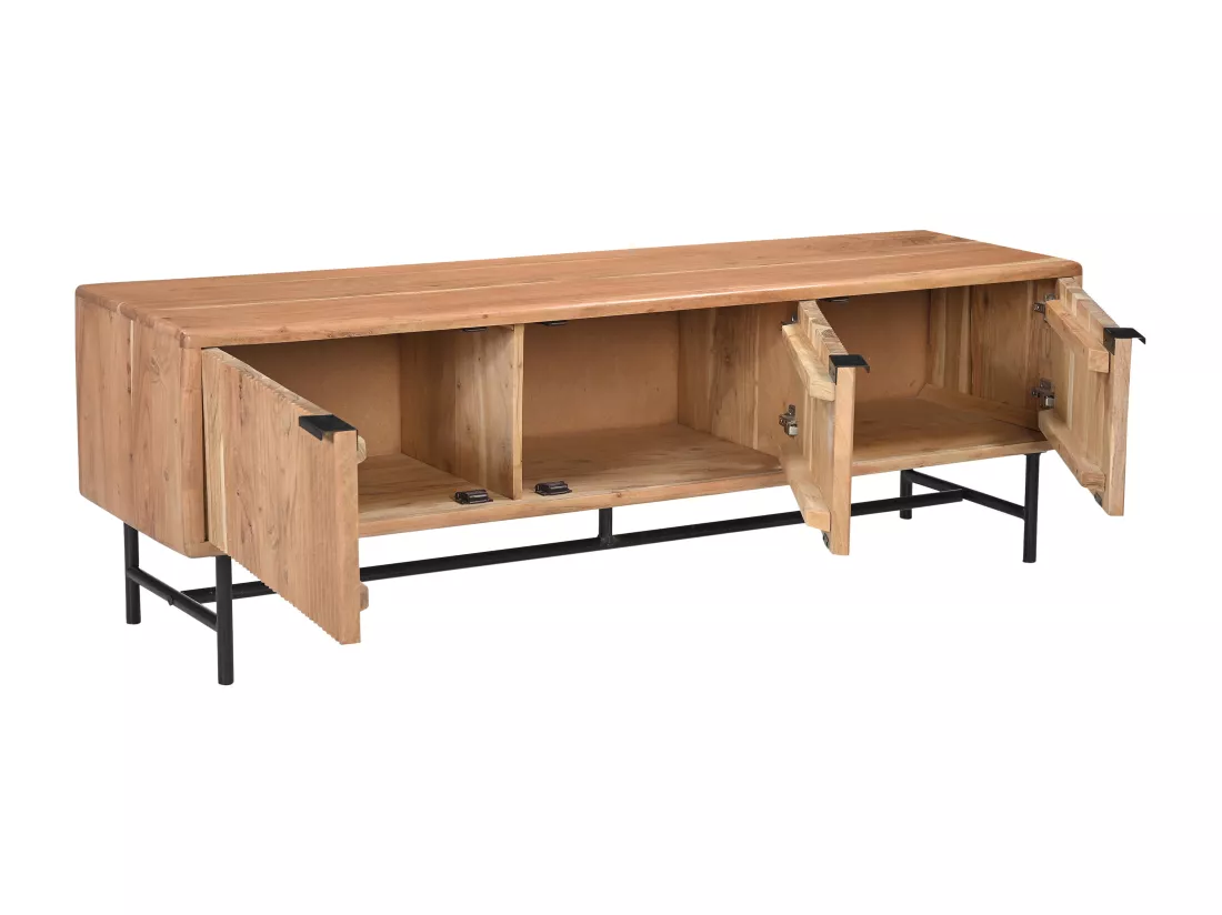 Meuble TV avec 3 portes en bois d'acacia et métal noir - Naturel clair - ALEVIA