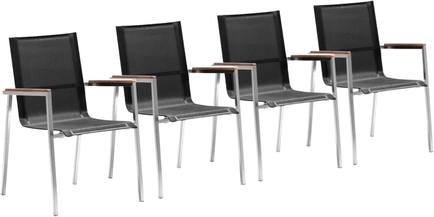 Zelsius 4X Premium Gartenstuhl aus Edelstahl mit Teak Holz  Armlehne | 55 x 56 x 88 cm | schwarz | Balkonstuhl für Garten und Terrasse | Stapelbar und Wetterfest | Terrassenstuhl, Gartensessel, Balkon