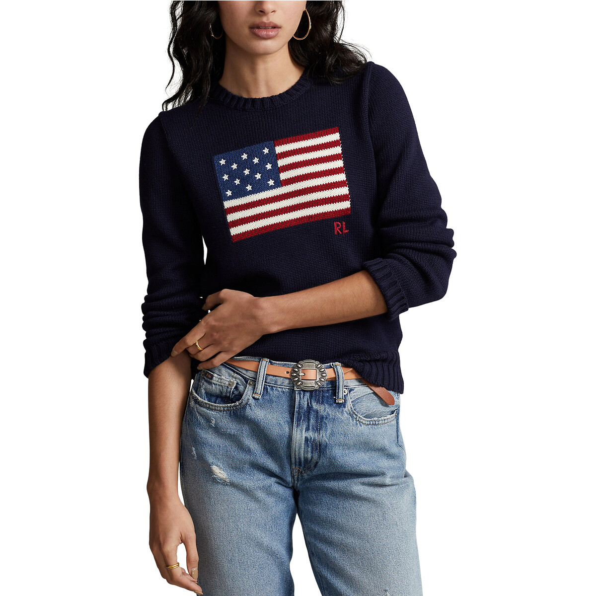 POLO RALPH LAUREN<br>Suéter de gola redonda, bandeira americana