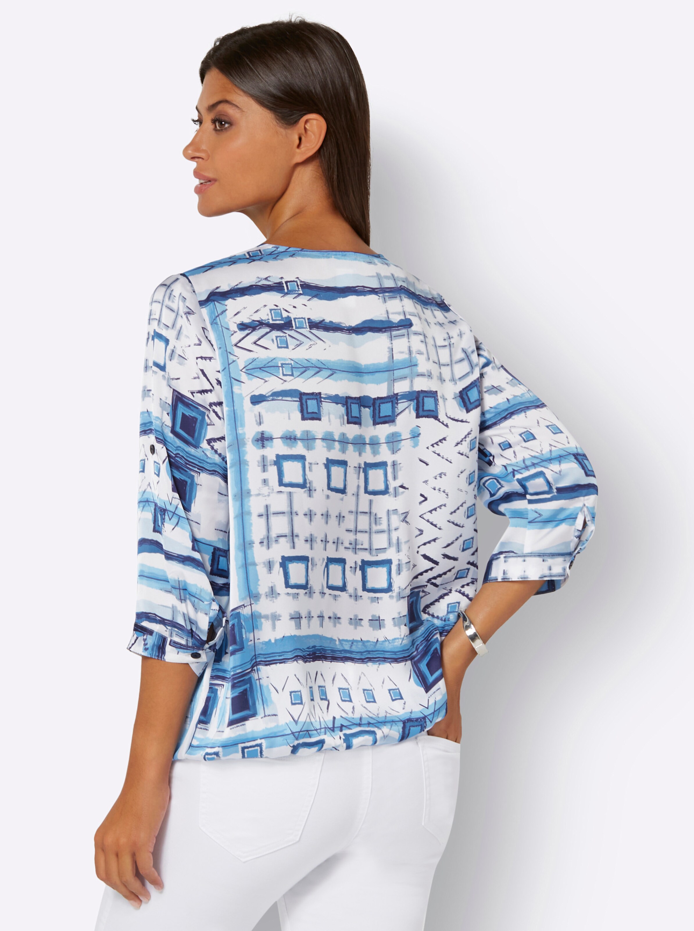 Bluse in ecru-marine-bedruckt