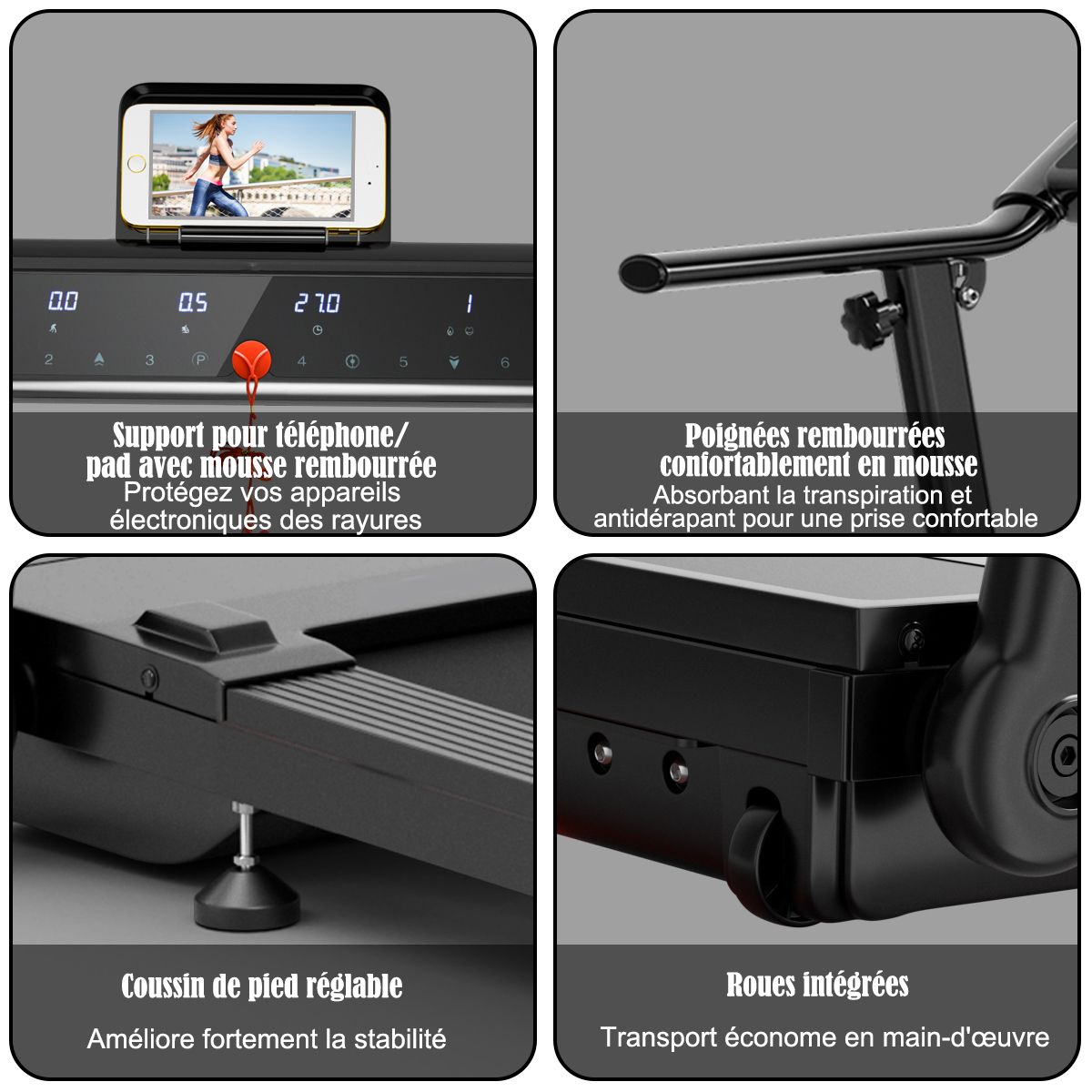 Tapis de Course/Marche Pliable 500W 12 Programmes Prédéfinis 0,8-9,6 Km/h Ecran Tactile LED 4 Touches de Raccourci Noir Support pour Ipad - Lidl-Manfred