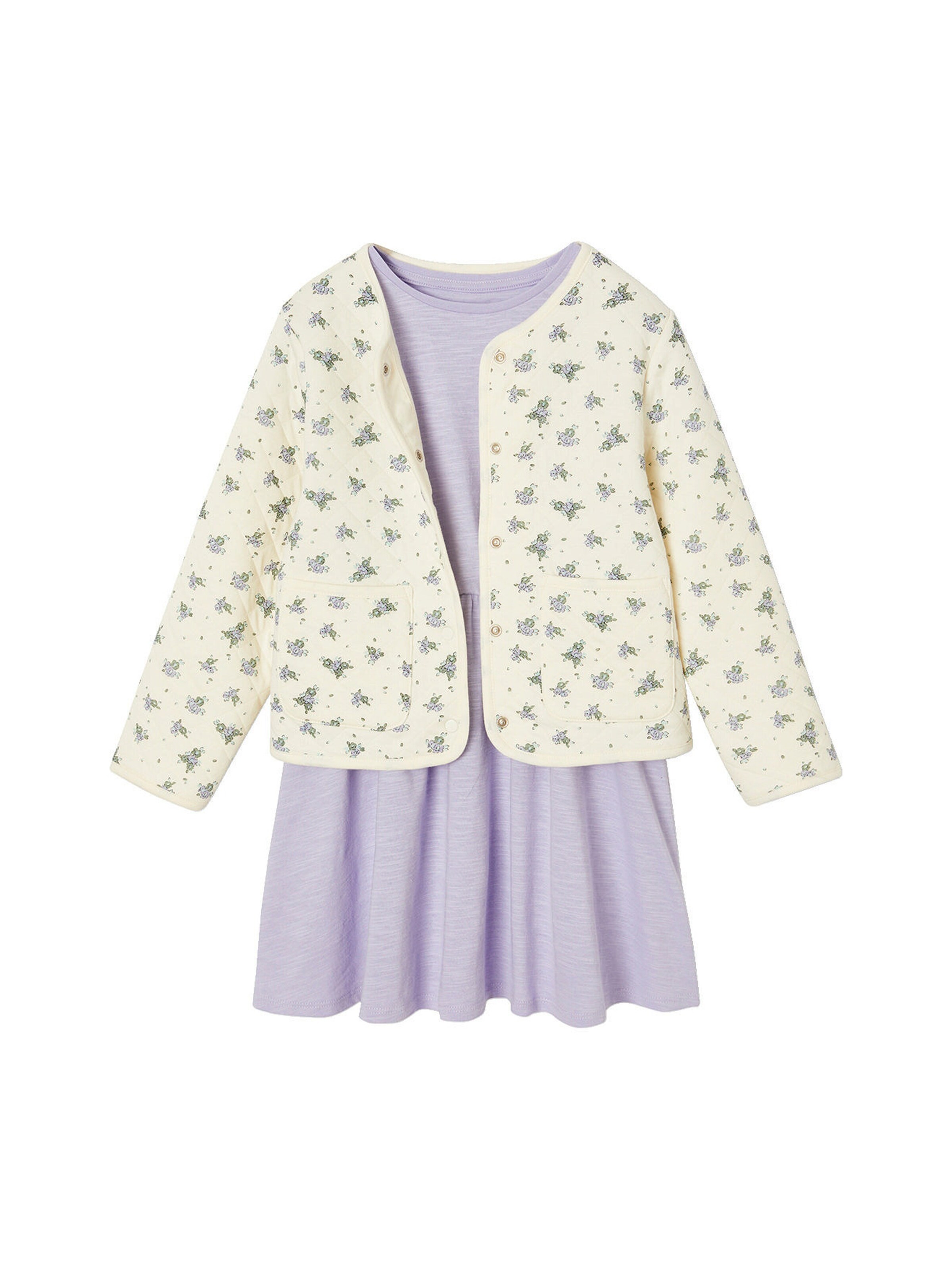 Vertbaudet Mädchen-Set: Geblümte Jacke mit Steppnähten & Kleid violett