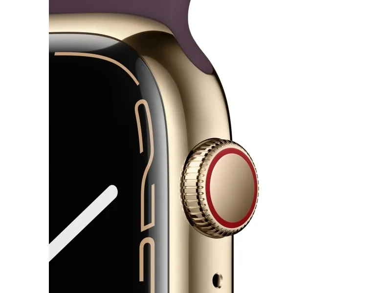 [OUTLET] - Apple Watch Series 7 (GPS   Cellular) - 45 mm - guld rustfrit stål - smart ur med sportsbånd - fluoroelastomer - mørkt kirsebær - båndstørrelse: Almindelig - 32 GB - Wi-Fi, Bluetooth - 4G - 51.5 g