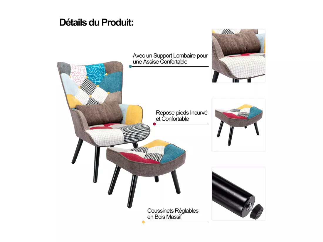Fauteuil à oreilles fauteuil de relaxation avec tabouret fauteuil patchwork fauteuil à oreilles fauteuil salon