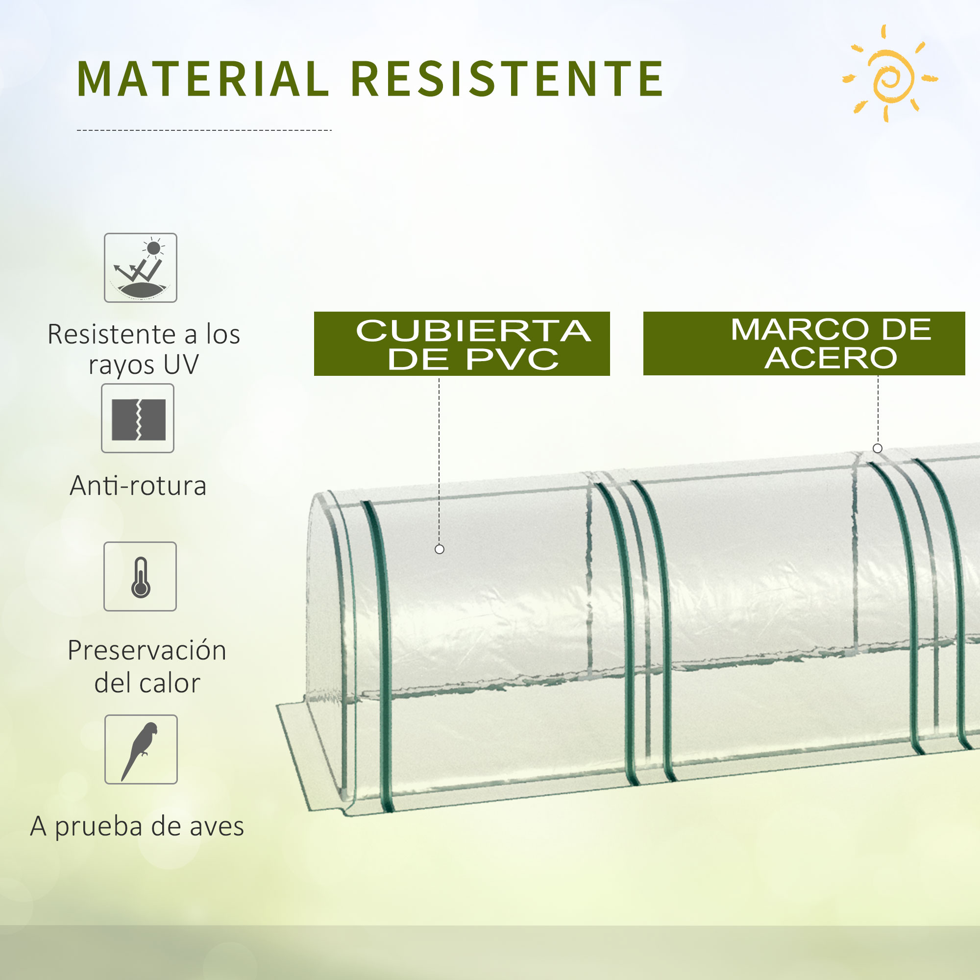 Estufa transparente tipo túnel com estrutura de aço e PVC para jardim.