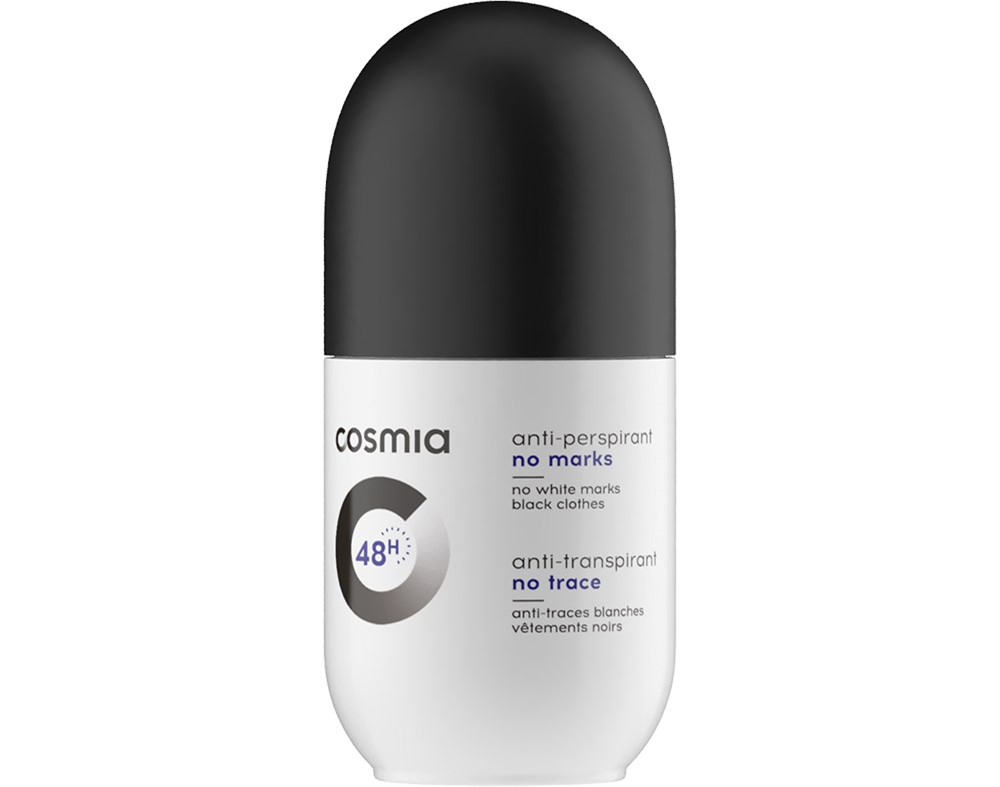 DESODORIZANTE ROLL ON COSMIA SEM MANCHAS PRETO E BRANCO 50ML