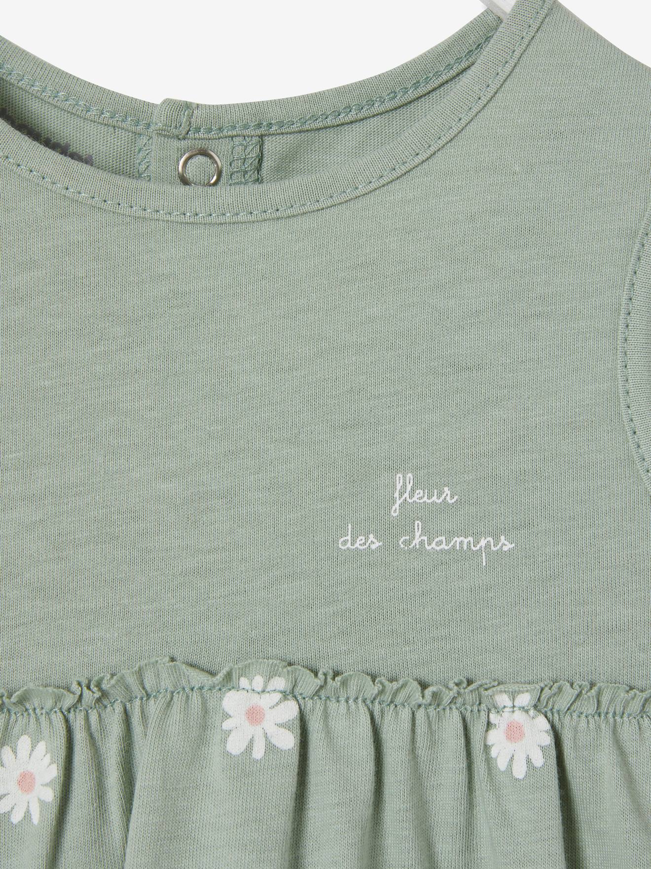 Vestido verde claro estampado e faixa de cabelo combinando para bebê menina