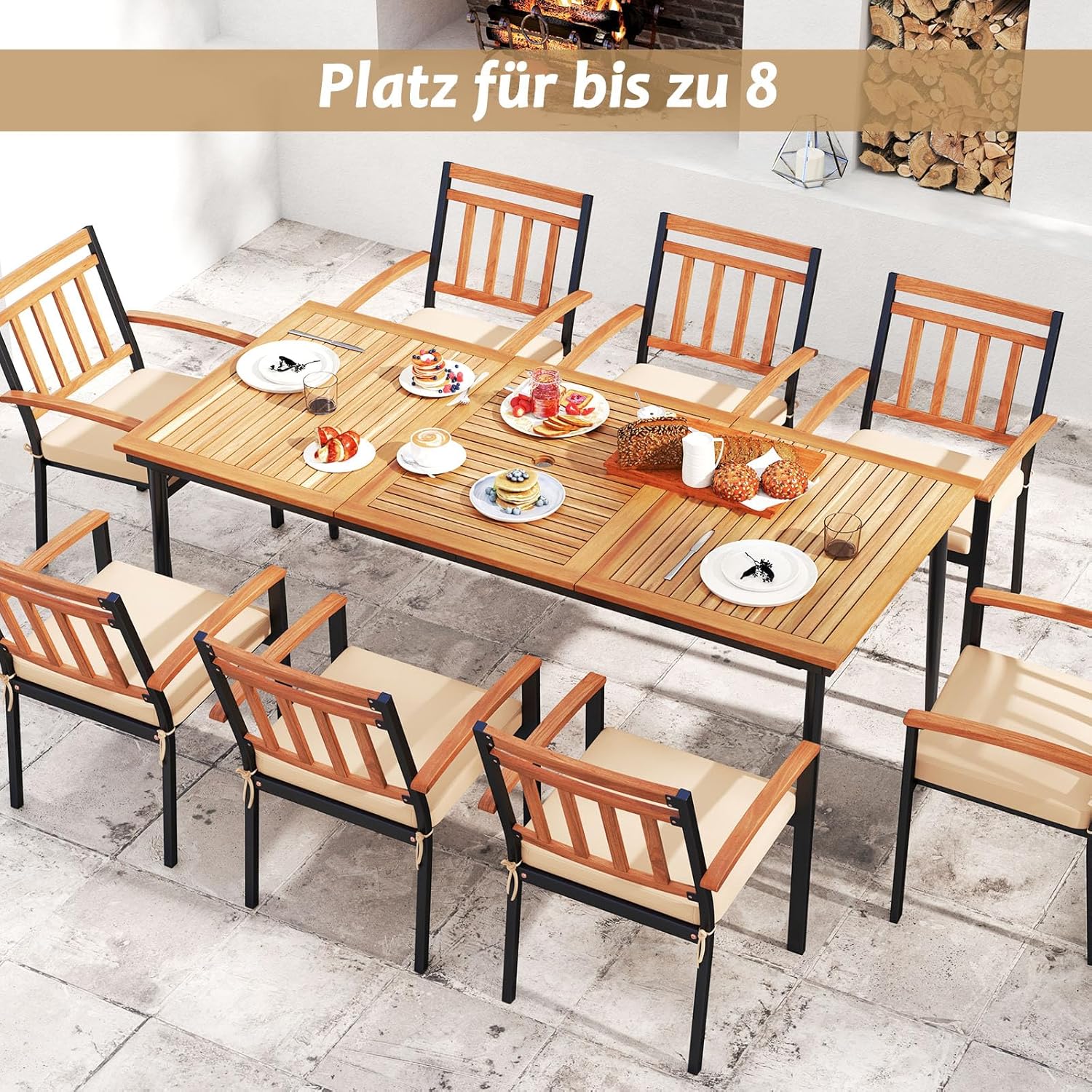 GOPLUS Gartentisch aus Akazienholz, 200×90cm Terrassentisch wetterfest mit 5cm Schirmloch, Esstisch rechteckig für 8 Personen, für Outdoor Garten Terrasse Hof (Modell C)