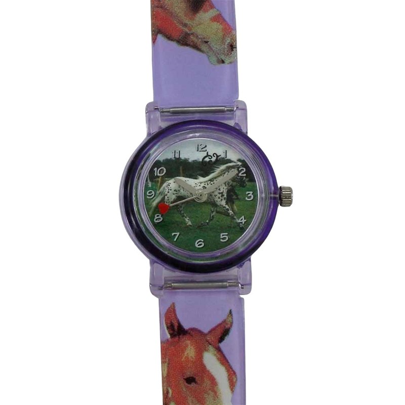 Montre trotteuse violet coeur et cheval au galop