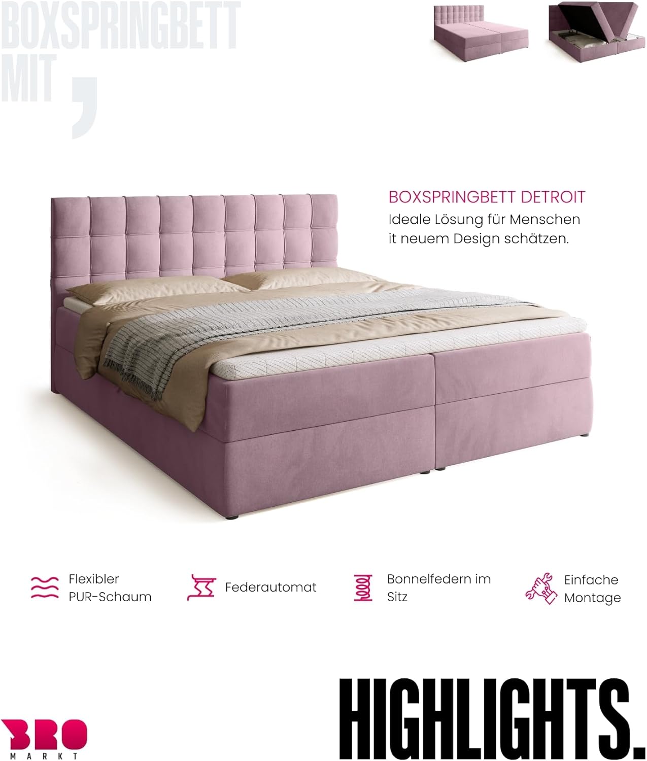 BROMARKT Boxspringbett mit Bonell Matratze und Bettkasten Doppelbett mit Topper 180x200cm Härtegrad H3 Bett für Schlafzimmer gepolsterte Kopfstütze Detroit Puderrosa