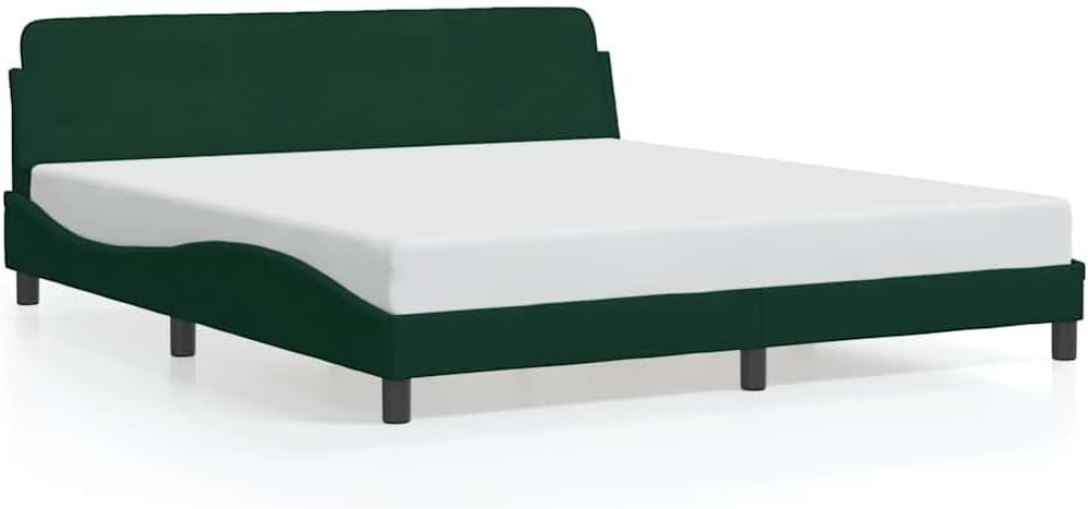 Dover Dark Green Velvet Queen Bed Frame, 180x200 cm, Metal & Solid Pine Wood Platform with Headboard, Sturdy Slats for Mattress Support, Elegant Wavy Design for Bedroom