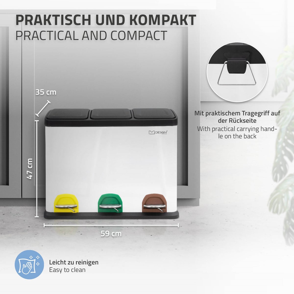 ML-Design Keuken Prullenbak 3x 15L (45L), Wit, 3-compartimenten afvalscheidingssysteem, Pedaalemmer voor afvalscheiding, Stalen bak met kunststof binnenemmer en scharnierend deksel, Kleurgecodeerd