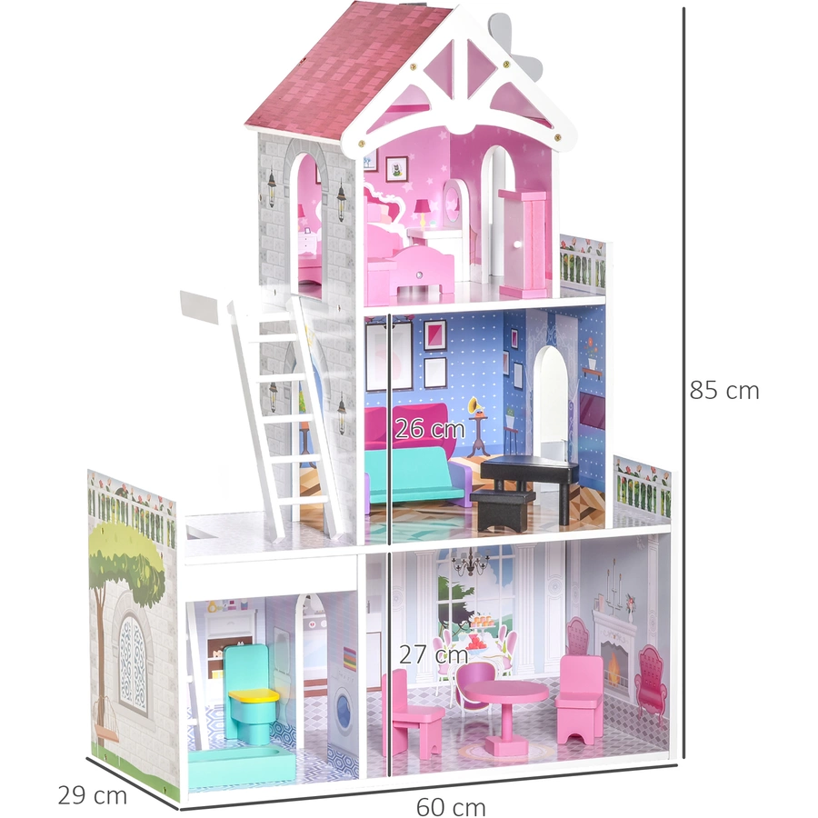 HOMCOM Kinder Puppenhaus mit 3 Etagen rosa