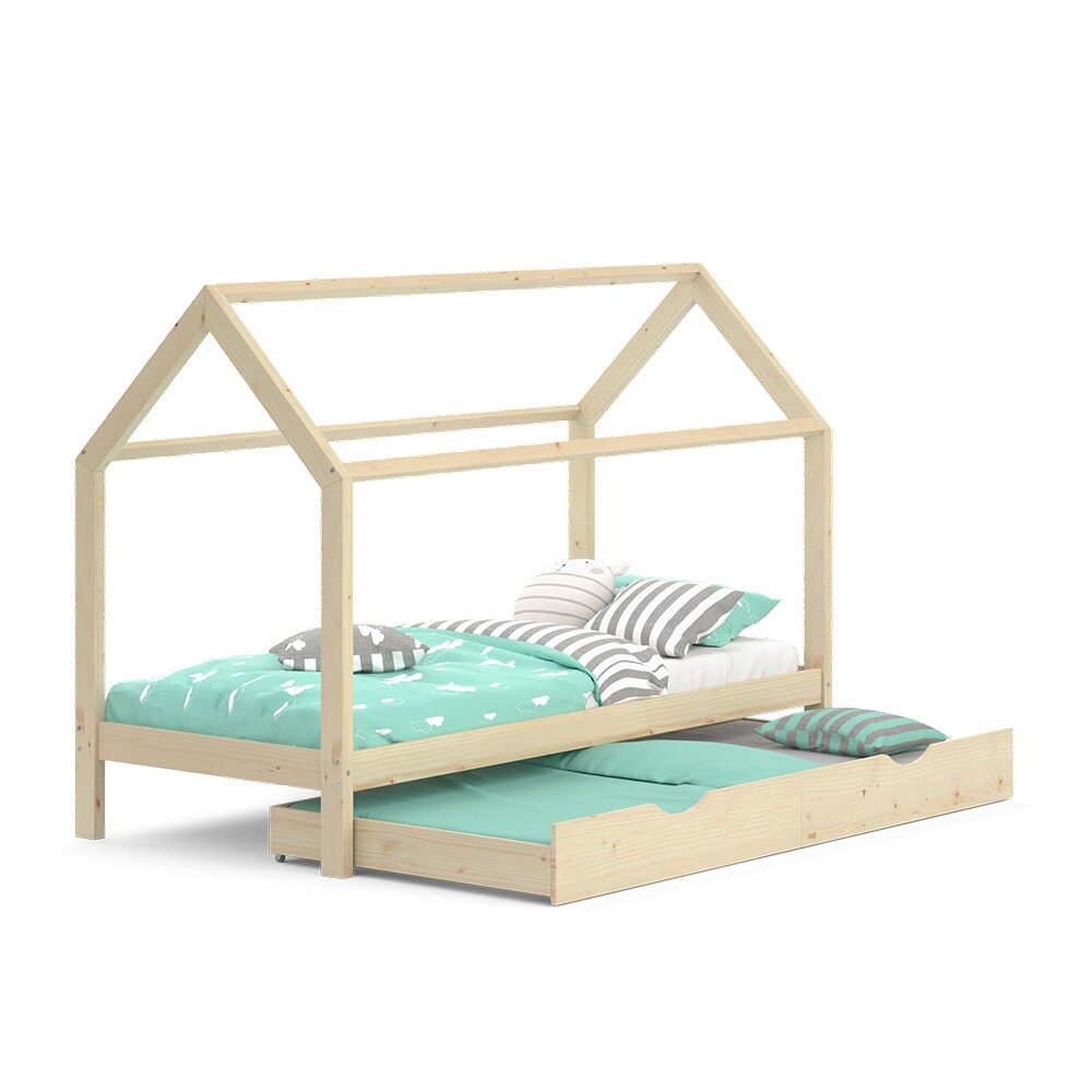 VitaliSpa Kinderbett Hausbett Gästebett Wiki Natur 90x200cm Schublade Lattenrost