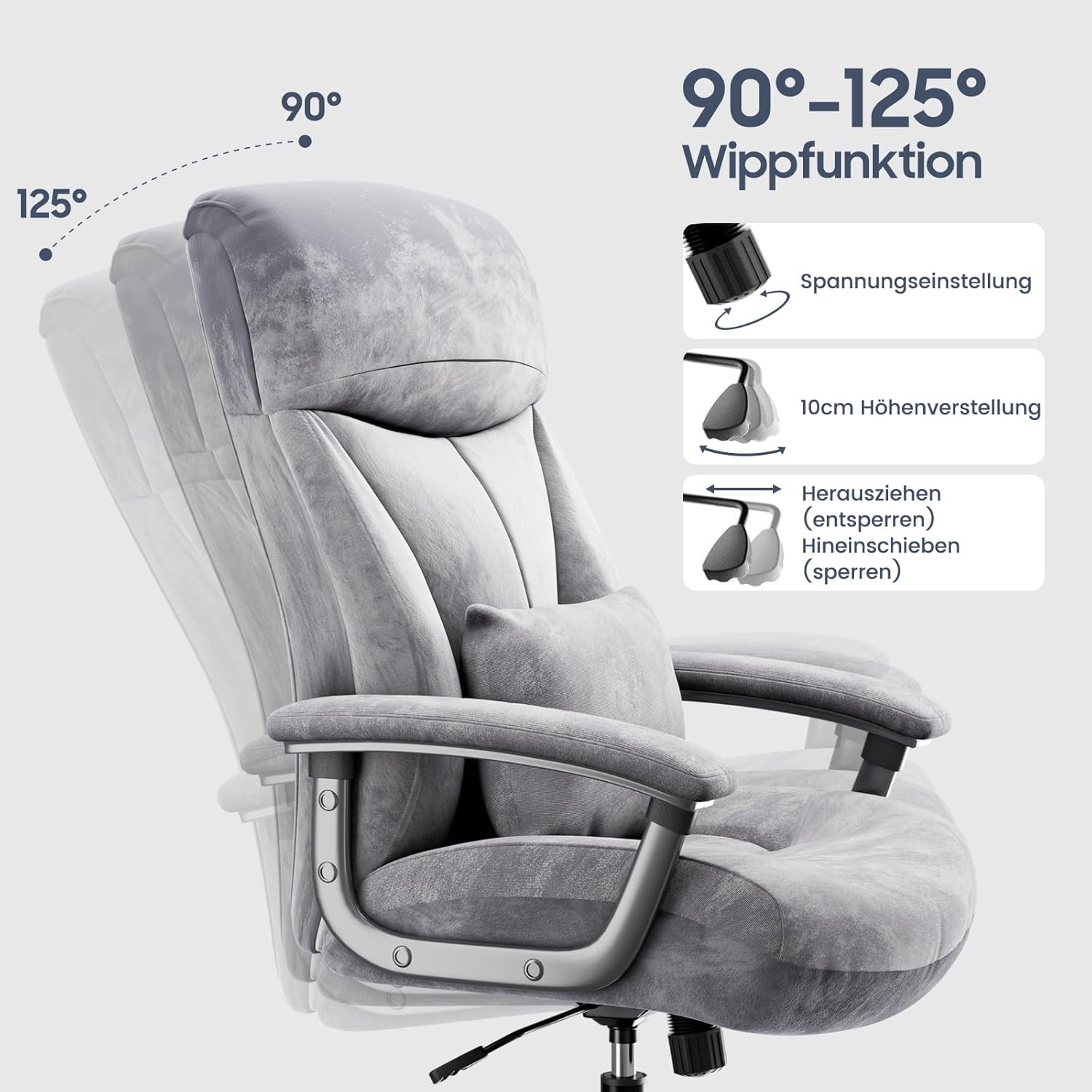 Bürostuhl Ergonomisch 200KG, Schreibtischstuhl Computerstuhl Office Chair, Hoher Rücken Ergonomischer Stuhl, Höhenverstellbarer, 360 ° drehbar, Grau Cord Stoff, (Aktualisierte)