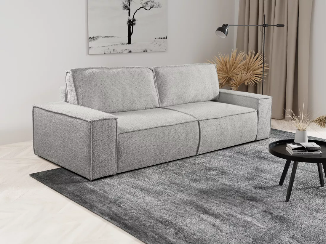 Canapé 4 places convertible en tissu bouclette gris AMELIA
