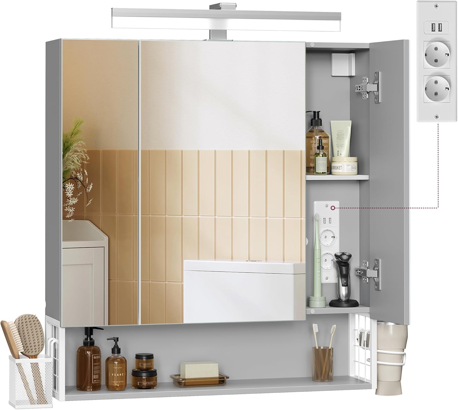 VASAGLE Spiegelschrank Bad mit Beleuchtung, 16,5 x 70 x 75 cm, Steckdosen, Hängekorb, Haartrockner-Halter, Spiegelschrank, Badschrank, Wandschrank, für Badezimmer, wolkenweiß-Taubengrau BBK126G01