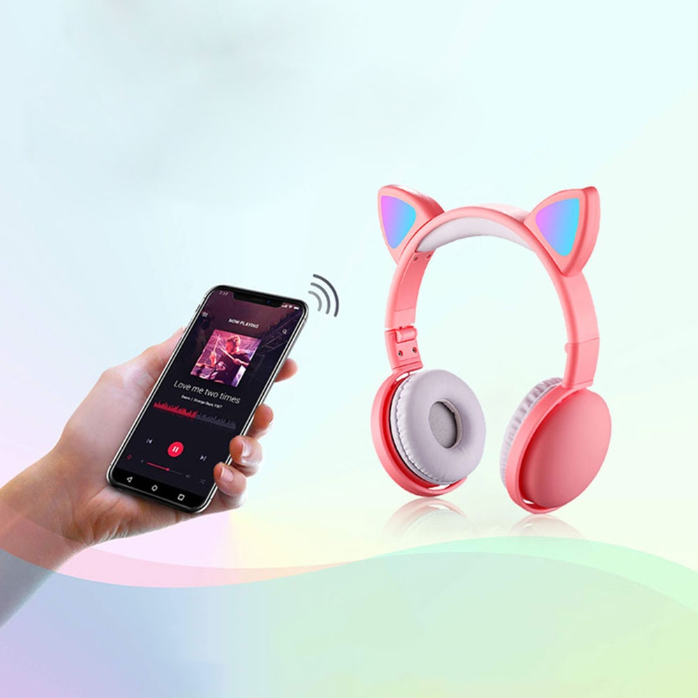 Faltbare Kinder Stereo Bluetooth 5.0 On-Ear Kopfhörer Headset mit Aux-In   leuchtende LED Katzenohren - Türkis