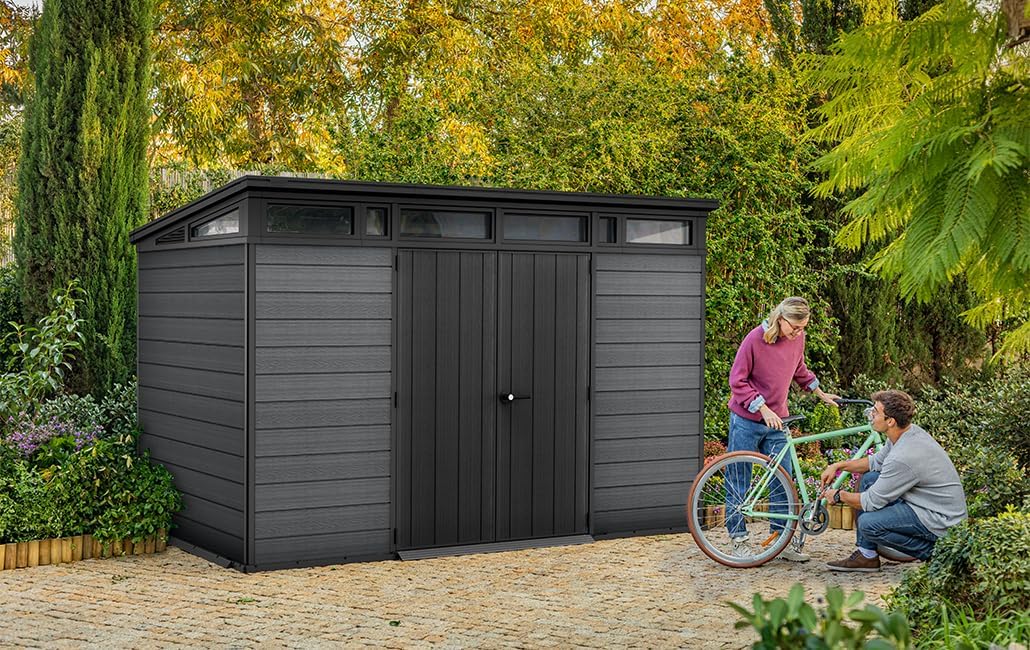 Keter Cortina 11x7 Gartenhaus – Robustes Gerätehaus aus Kunststoff & Metall mit EVOTECH-Wänden, 342x218x226 cm, Grau, Wetterfest, Abschließbar, 13,7 m³ Stauraum