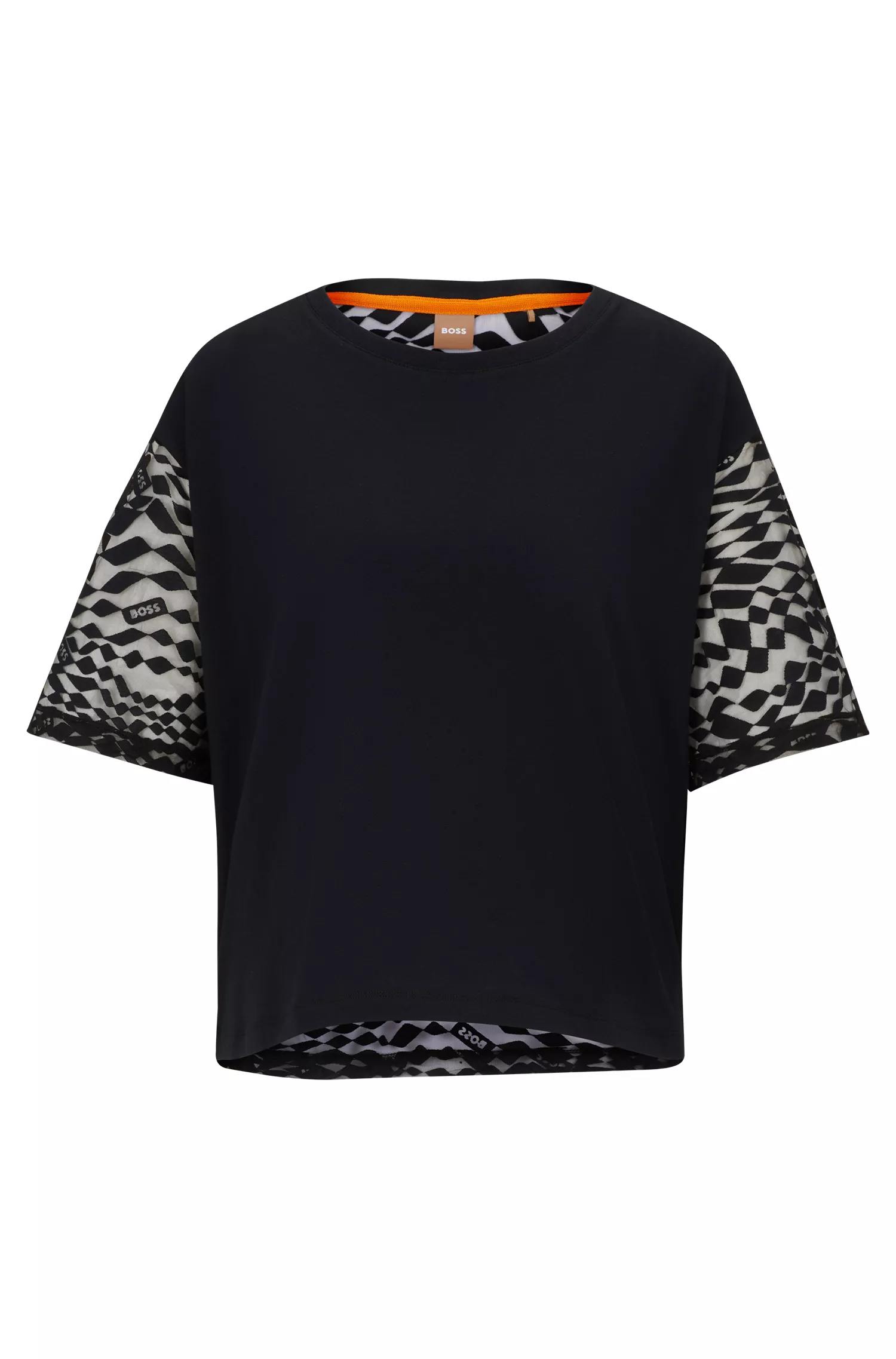Camiseta BOSS preta em mistura de algodão com detalhes de cadarço com o logotipo.