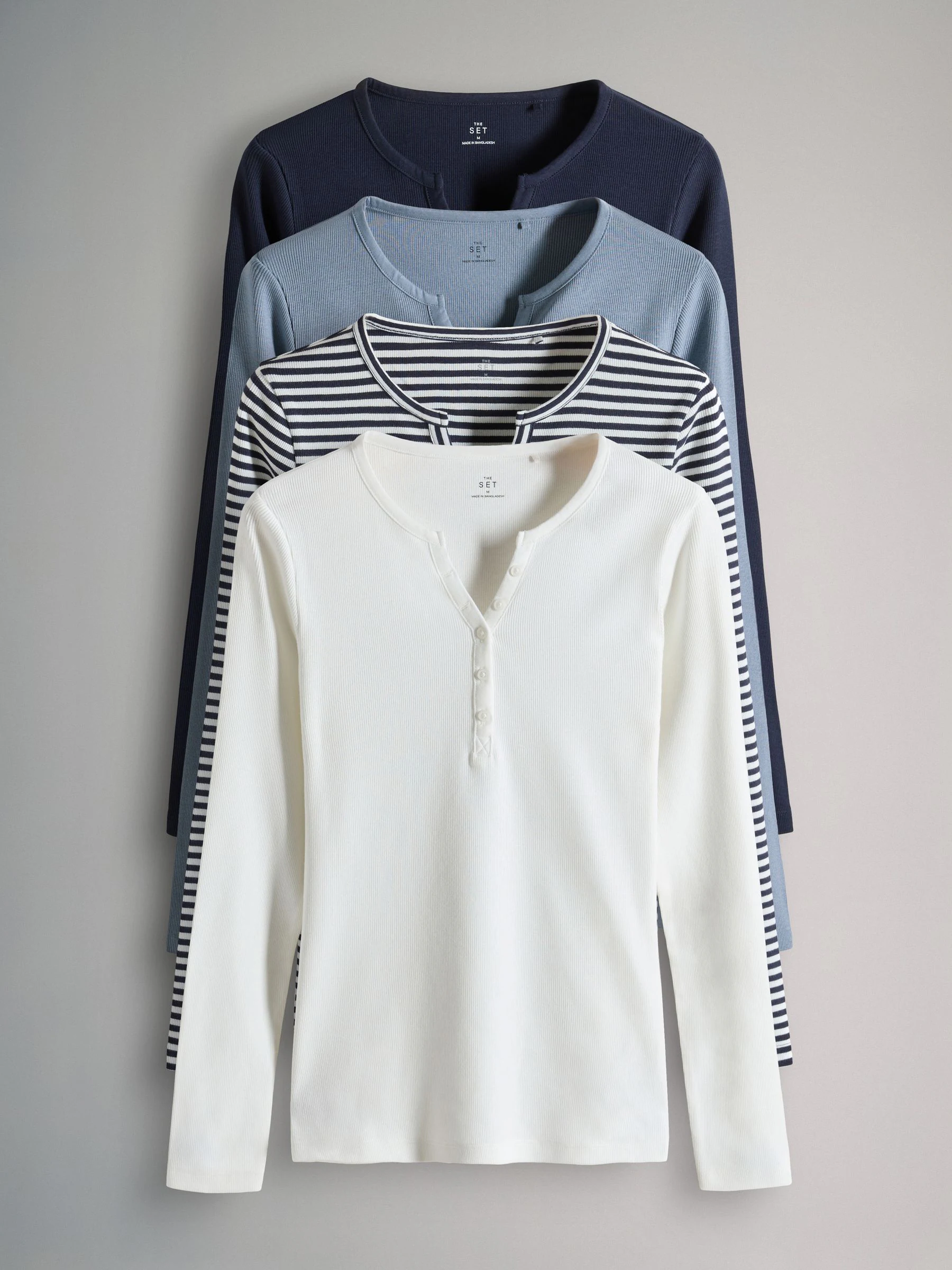 Marineblauw/Blauw/Strepen/Wit - The Set verpakking van 4 geribde Henley T-shirts met lange mouwen