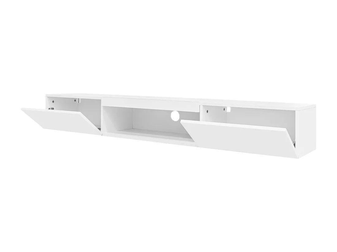Meuble TV suspendu 160cm - 1 compartiment ouvert & 2 portes abattantes - aspect brillant - Blanc
