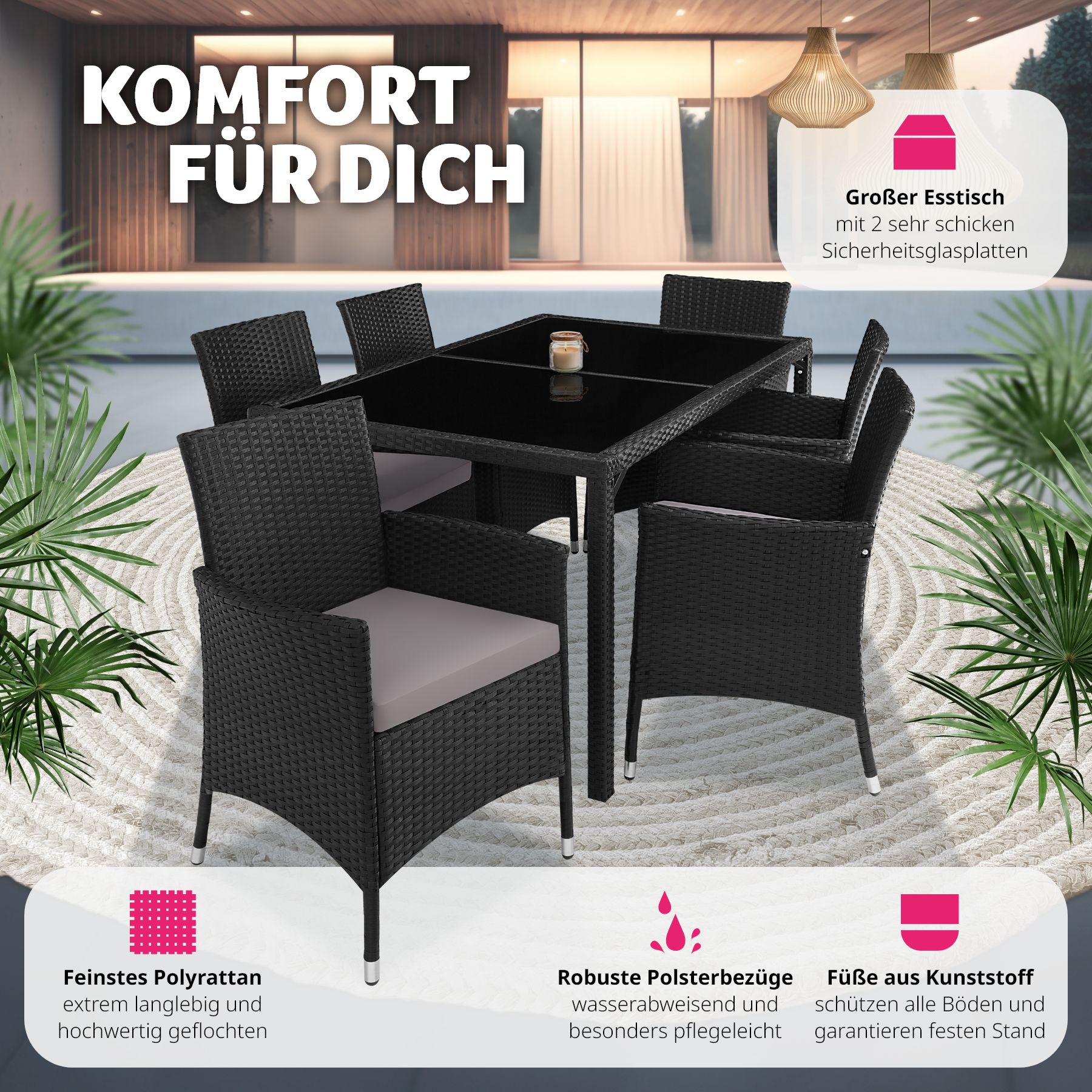tectake® Rattan Sitzgruppe, für 6 Personen, UV-beständig, inklusive Schutzhülle