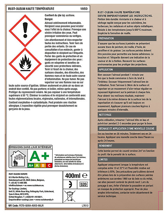 Aérosol haute-température Rust-Oleum noir mat 400ml