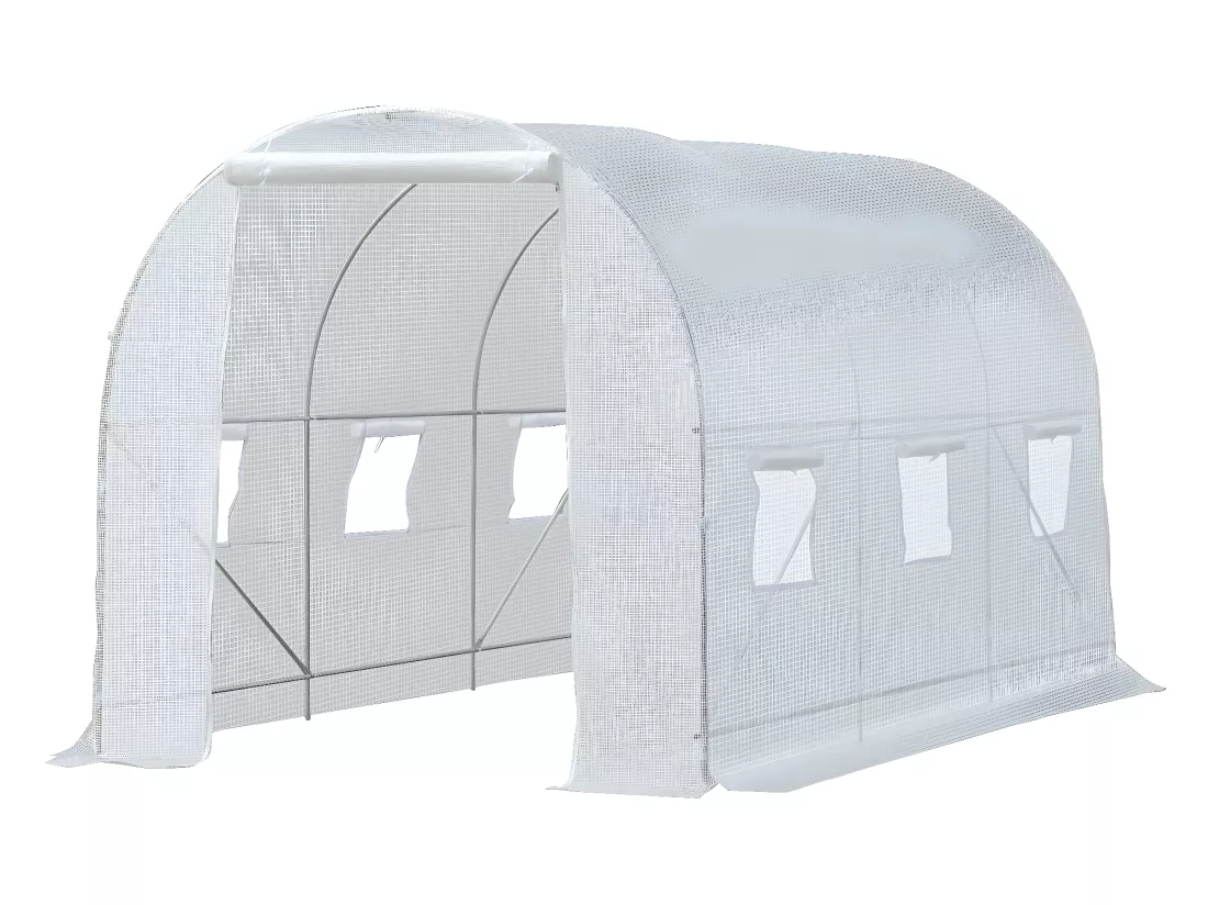 Serre de jardin tunnel surface sol 7 m² 3,5L x 2l x 2H m châssis tubulaire renforcé 18 mm 6 fenêtres blanc