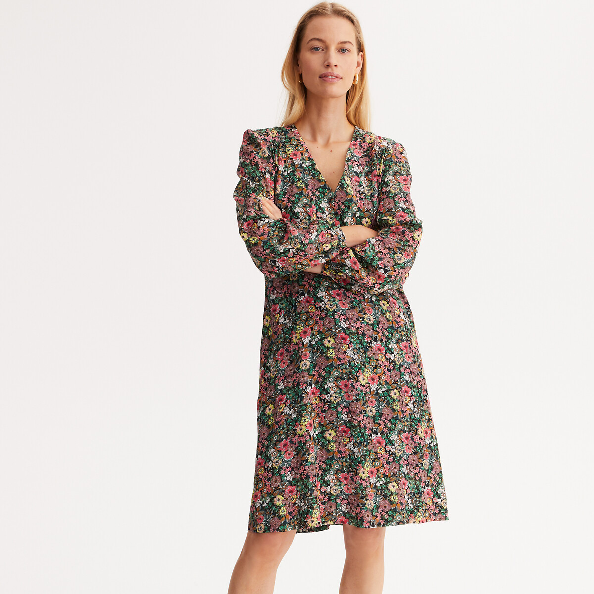 ANNE WEYBURN<br>Vestido reto com estampa floral, comprimento midi