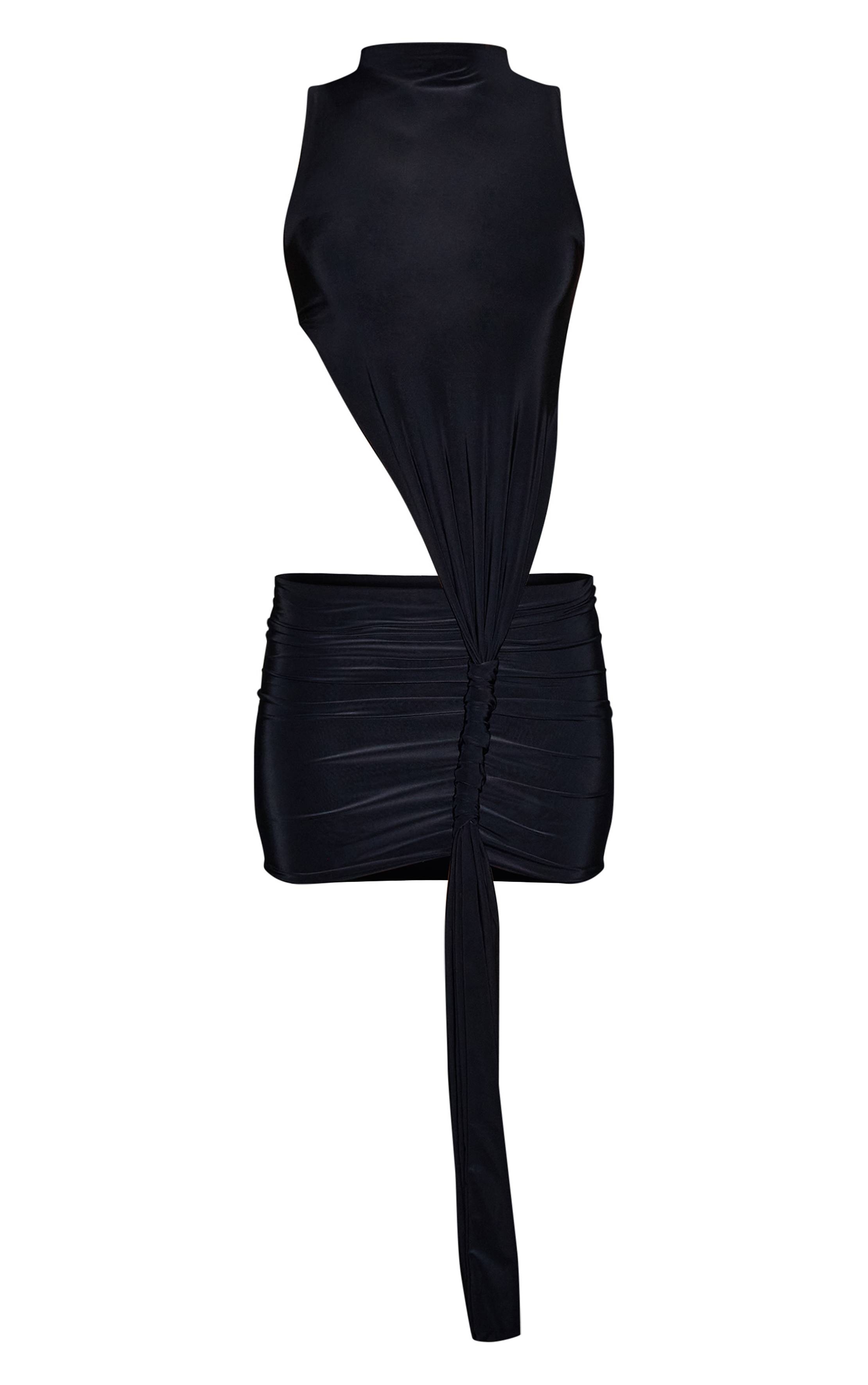 Noir Robe Mini Moulante À Col Montant Avec Découpes Et Fronces