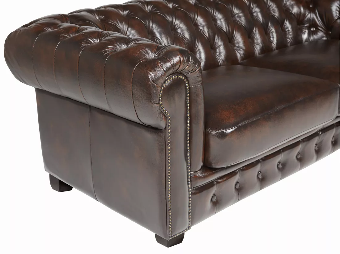 Canapé chesterfield 3 places BRENTON 100% cuir de buffle - Marron reflets châtains