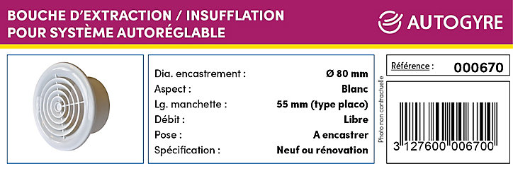 Grille d'aération pvc Autogyre ventilation naturelle ou VMC blanc Ø80 mm