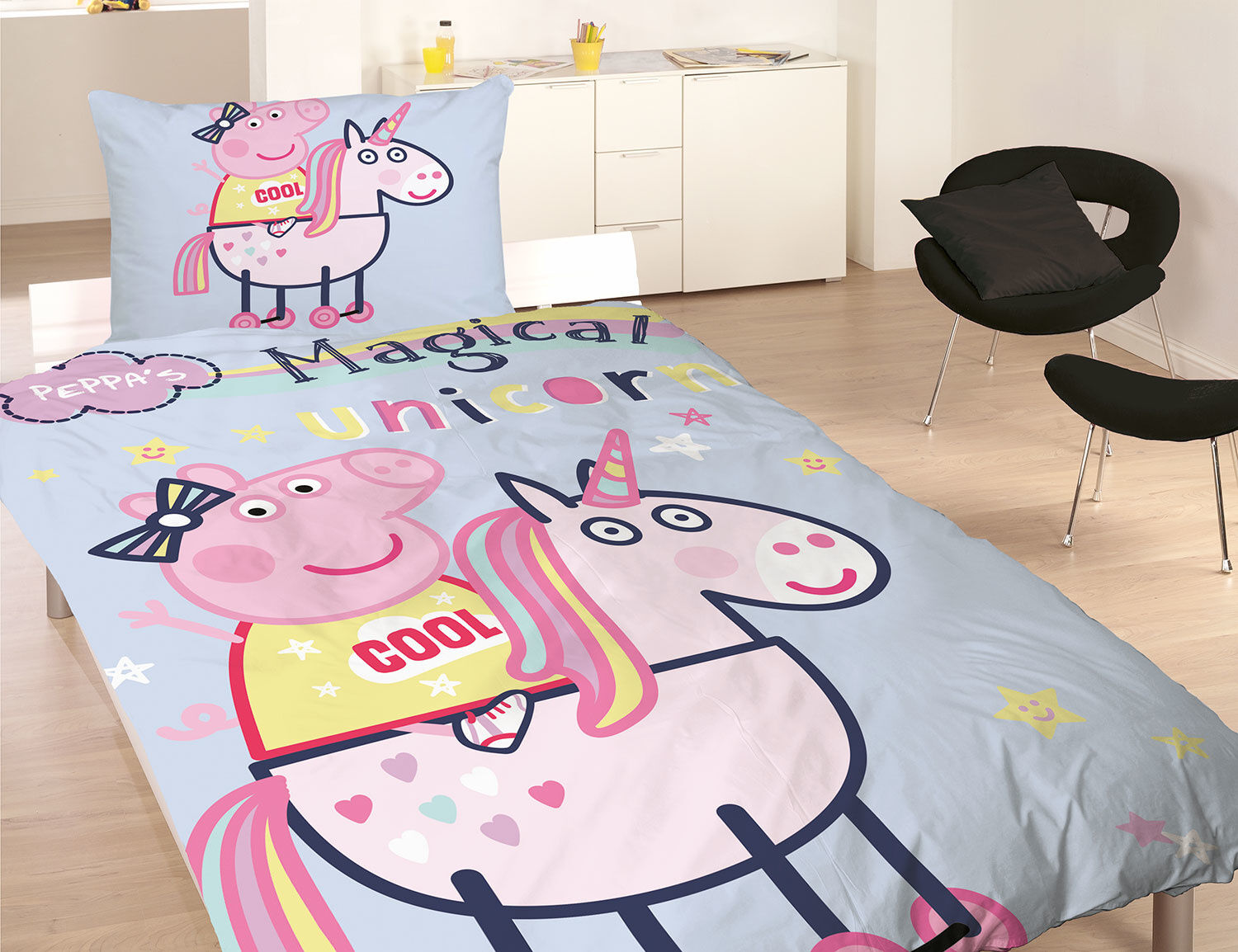 Bettwäsche mit Peppa Wutz auf einem magischen Einhorn