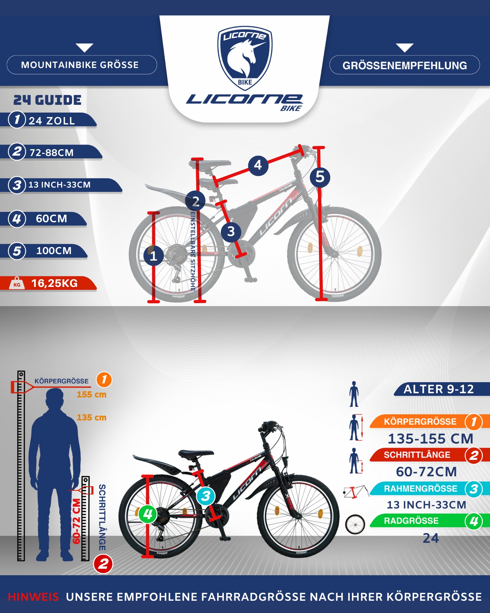 Licorne Bike Guide Premium Mountainbike in 20, 24 und 26 Zoll - Fahrrad für Mädchen, Jungen, Herren und Damen - Shimano 21 Gang-Schaltung, Kinderfahrrad, Kinder