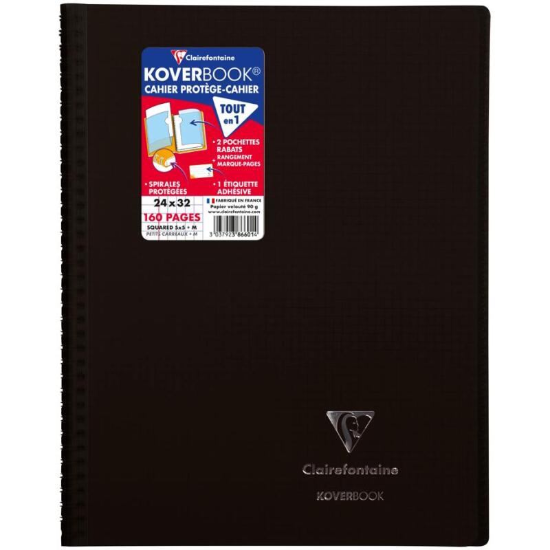 Cahier reliure intégrale enveloppante Koverbook 24x32cm 160 pages petits carreaux couverture polypropylène transparent - Assortis