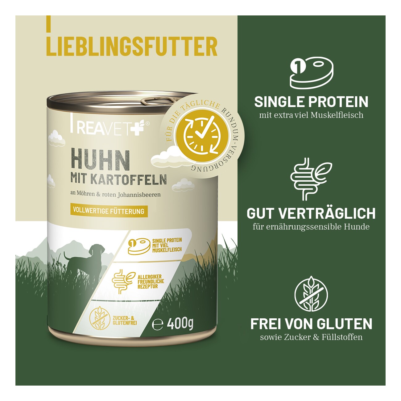 REAVET Hundenassfutter - Huhn mit Naturreis an Möhren & roten Johannisbeeren 6x2,4 kg