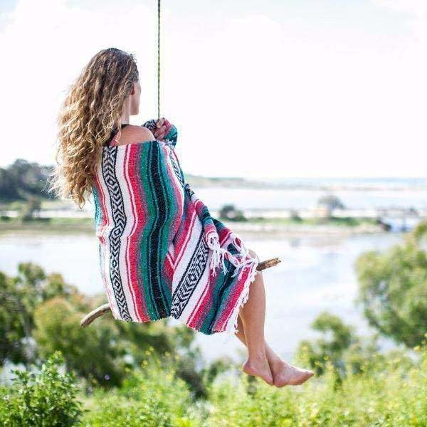 (130x170cm) Picknick Decke Outdoor Beach Tuch Gestreift mit Tassel - Rosa / Mint
