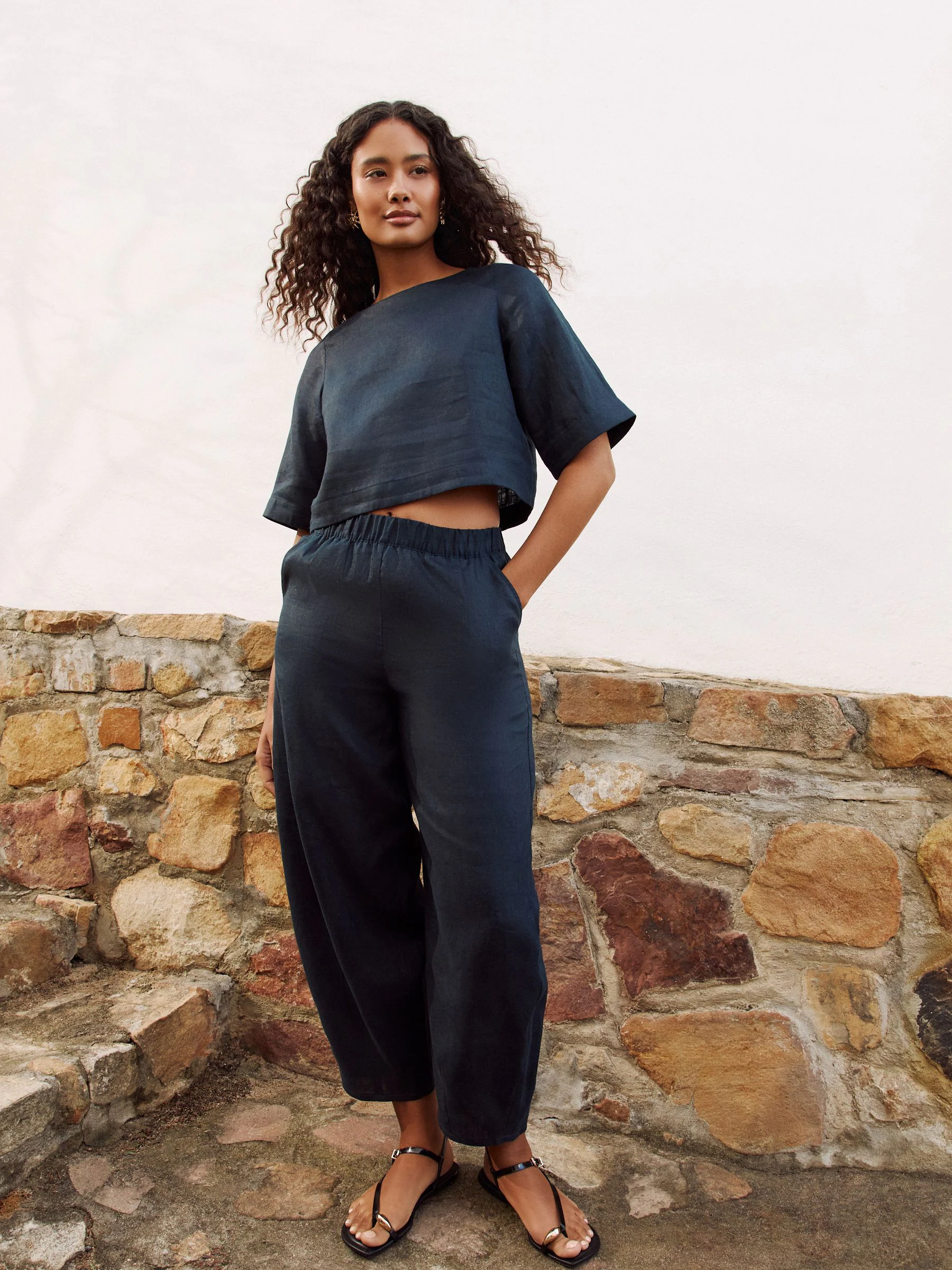 Marineblauw - 100% Linnen top met korte mouwen